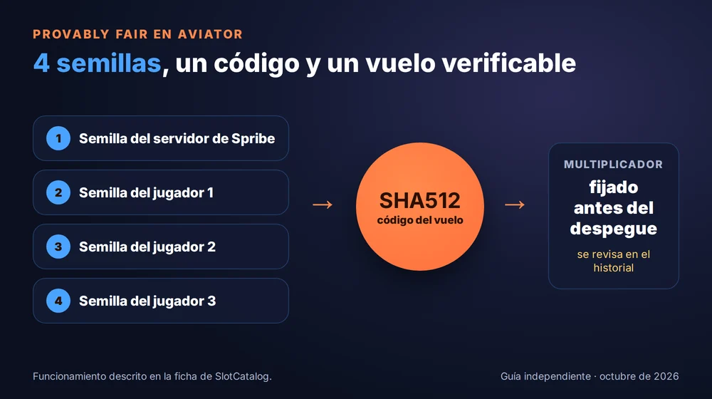 Provably Fair en Aviator: la semilla del servidor y las de los 3 primeros jugadores forman un código SHA512 que fija el multiplicador